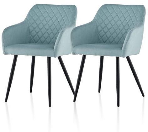 TUKAILAI Esszimmerstühle 2er Set aus Leinen, Modern Küchenstuhl Armlehnstuhl Polsterstuhl Wohnzimmerstuhl mit Armlehnen Rückenlehne Metallbeinen, Sessel für Küche Esszimmer Wohnzimmer,Türkis