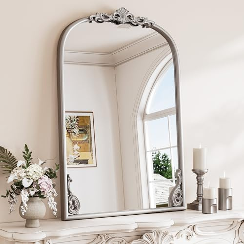 TETOTE Silberner gewölbter Spiegel für Kaminsims, 24 x 36 cm, Barock-Stil, antikes Silber, Vintage-Stil, kunstvoller Spiegel für traditionelle viktorianische französische Dekoration, französische
