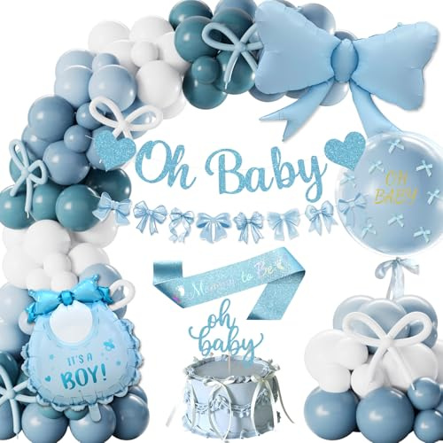 Babyparty Deko Junge, Baby Shower Deko Blau Party Ballons Oh Baby Girlande Junge Blau Weiß Luftballons, Schleifen Ballon, Mommy to Be Schärpe Tortendeko Gender Reveal Party Dekoration