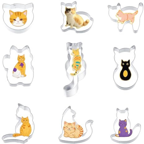 Lnngub 9 PCS Cat Cookie Cutters Set, Cat Shape Metal Cookie Cutters Stainless Steel Cookie Cutters Shapes Cookie Cutters Molds for Biscuit Fondant Molds Cat Cookie Cutters for Kids Birthday Party