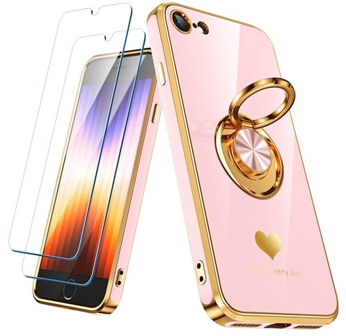 Nonional Compatible for iPhone SE/8/7 Case with 2 Pack Screen Protector, 360° Rotatable Ring Holder [Luxury Hearts Pattern] Plating Gold Edge Slim Soft Phone Case for iPhone SE/8/7 - Girl Pink