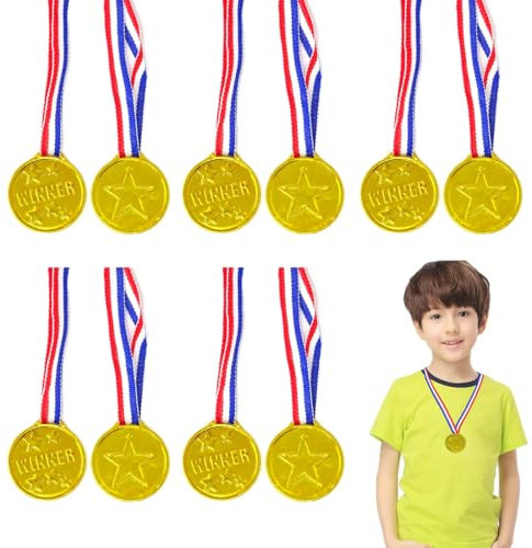 OUDQFCJ Medaillen Kinder 10 Stück Goldmedaillen Siegermedaillen Für Laufen Fussball Kinder Gold Gewinner Medaille Kunststoff Für Geburtstag Party Spiele Prizzes Sportstag Spielzeug