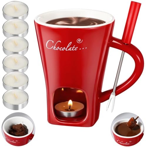 Fondue Mug, Chocolate Fondue Mug with Forks and 6Pcs Candles, Chocolate Melting Cup Set Ceramic Chocolates Butter Cheese Melt Mugs Warmer Pot Set Gifts for Date Night Birthday Wedding
