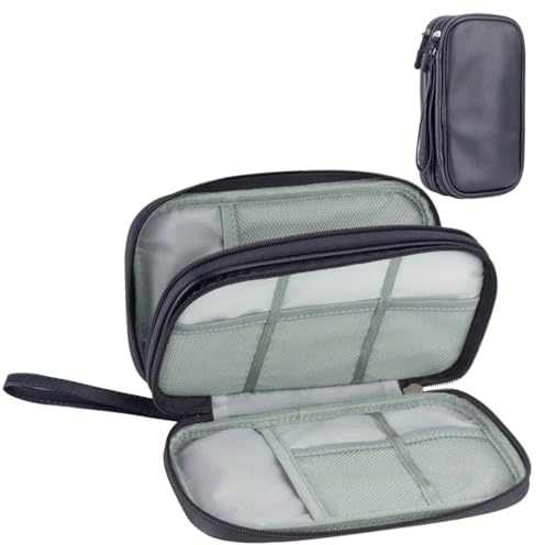 Arae Leather Travel Essentials Electronic Organizer - Double Layer, Waterproof Case for Cables, Chargers & More - Portable, Shockproof Pouch for All Electronics Accessories (Leather Dark Blue, M)