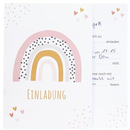 annaundfelix 12x Einladungskarten Taufe • rosa Regenbogen • Din A6 Set mit Lückentext • Kommunion Konfirmation Segnung Taufeinladung • Mädchen (Regenbogen Rosa)