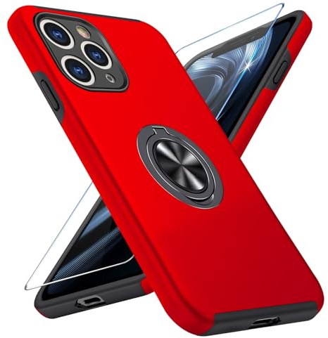 Vaki Handyhülle für iPhone 11 Pro Max Hülle mit Schutzfolie, Schutzhülle Case mit 360° Magnetischer Ring Ständer Kratzfest Fallfestigkeit Stoßfest für iPhone 11 Pro Max Cover (Rot)