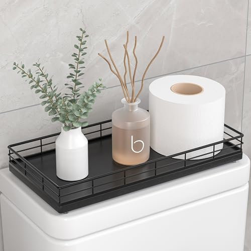 Toilet Paper Basket Organizer – Oak Wood Toilet Tank Tray with Metal Frame, Back of Tank or Top Bathroom Counter Storage – Black Modern Decor
