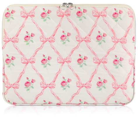 Abbylike Pink Bow Floral Laptop Bag 13-14 Inch Cute Preppy Puffy Laptop Sleeve Case Bag Computer Accessories Protective Cover Pink Coquette Bow Pad Case Pouch Gift for Women