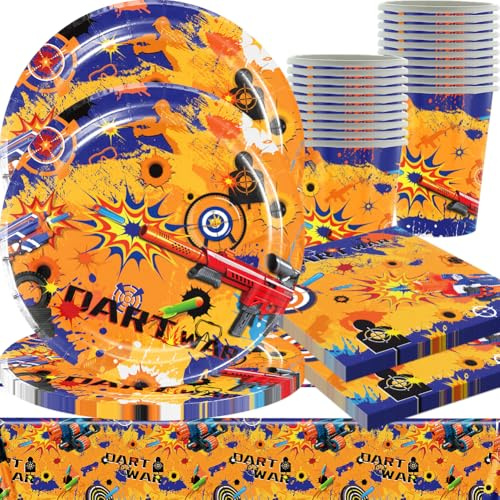 61PCS Darts Geburtstagsdeko Junge,Dart Krieg Partygeschirr, Darts Party Pappteller Tasse Tischdecke Themenparty Kindergeburtstag Deko für Party