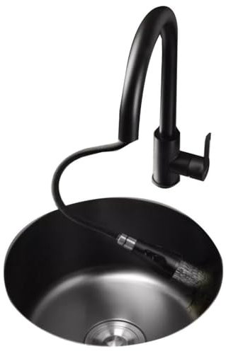 Küchenspüle aus Edelstahl mit Einzelbecken – rundes Unterbauwaschbecken für Küche, Bad und Balkon (28 x 28 x 17 cm) (Schwarz 42 x 42 x 19,3 cm)