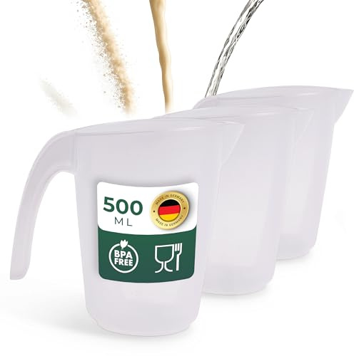 Novaliv 3 Stück Messbecher 500ml, Meßbecher 0,5l Set transparent mit klarer g/ml Skala für Flüssigkeiten Mehl & Zucker, Made in Germany, Spülmaschinenfest, Rührschüssel Dosier Messbehälter