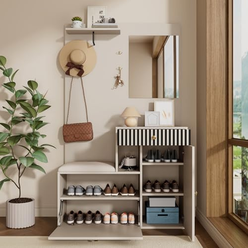 Juabett Garderobenset, Kompaktgarderobe, Flurgarderobe mit Spiegel, Schublade,Polsterkissen und Schuhbank, Flurschrank mit 4 Kleiderhaken, Regal, Flur-und Dielengarderoben, Schuhschrank 110x185.5x37cm