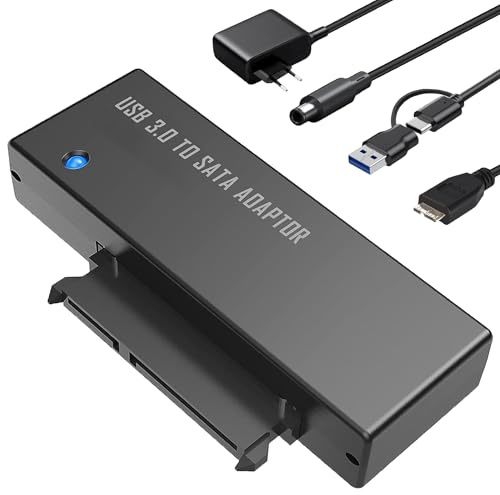 SATA zu USB Adapter, 2.5/3.5 HDD/SSD Festplatte Driver Konverter 2-in-1 USB C/USB 3.0 auf Sata I/II/III Festplattenadapter bis zu 18 TB mit 12V 2A Netzteil