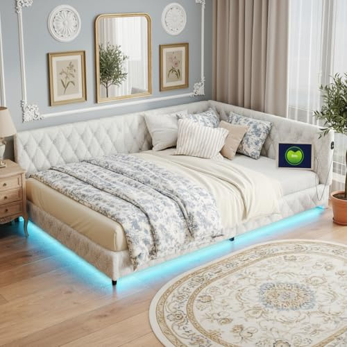 MISNODE Polsterbett Schlafsofa 140x200, Eckbett Sofabett mit LED und USB, L-förmiges Tagesbett Schlafsofa mit Lattenrost, Kinderbett Jugendbett Daybett Doppelbett, Teddy-Samtstoff(Beige-B01, 140x200)