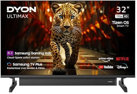 DYON ULTIMAX 32H-TI-WS 32 Zoll Smart Fernseher mit Soundboost | Tizen OS, Smart Hub, Gaming Hub für Cloud Gaming, mit gratis Live TV, Triple Tuner, WLAN, Bluetooth, klare Sprachwiedergabe