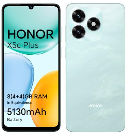 Honor X5c Plus 4G Smartphone, 4Go 256Go, Dual SIM, 5130mAh Batterie, 50Mpx Ultra-Net AI Caméra, Écran 6,7 90Hz, MicroSD 1 to à Extensible, Android 15 Telephone Portable, Cyan