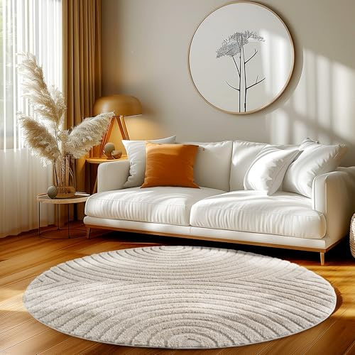 HomebyHome Wohnzimmer Teppich Rund 160 cm Creme Hochflor Skandi Boho Design Hoch-Tief Effekt Weicher Shaggy Langflor Flauschig Robust Pflegeleicht Modern für Schlafzimmer