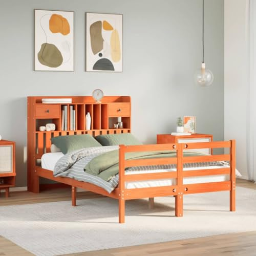 QJBSAVVA Massivholzbett mit Regal Kopfteil aus Kiefer 135x190 cm Wachsbraun platzsparendes Bettgestell mit 2 Schubladen Lattenrost inkl für Schlafzimmer und Gästezimmer