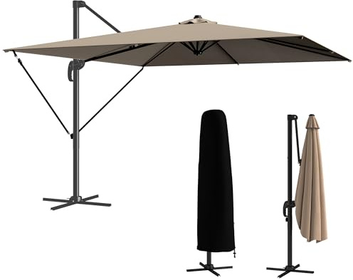 Outsunny Sombrilla de Jardín 2,9x2,9 m, Parasol Excéntrico de Aluminio con Manivela, Toldo Giratorio 360°, Inclinación Ajustable, Base Cruzada y Funda, UPF30+, Sombrilla para Terraza Exterior, Caqui
