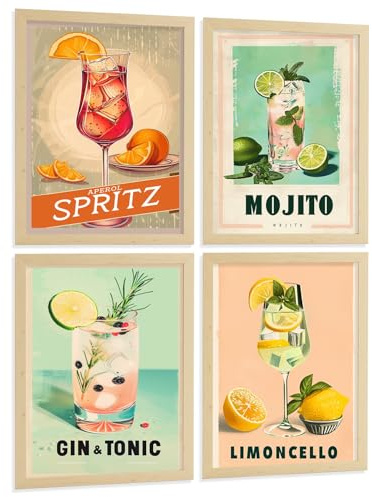 Nacnic 4Er Set Cocktail-Wandbilder Mojito Gin Tonic Und Limoncello Vintage Retro Poster Küche Bar Deko A4 Rahmenlos