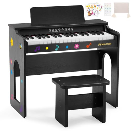 MUSTAR 37 Tasten Kinder Klavier, Holz Klavier für Kleinkinder, Schwarz | Digital Piano mit Piano Bank, Liederbuch, Aufkleber und Schutzhülle