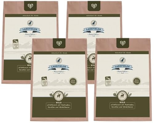 Lakefields Classic Hundefutter trocken | Wild 60% | 4 x 1kg | Getreidefreies Trockenfutter für ausgewachsene Hunde | Zutaten in Lebensmittelqualität | Kartoffel, Karotte & Birne | Schonend gebacken