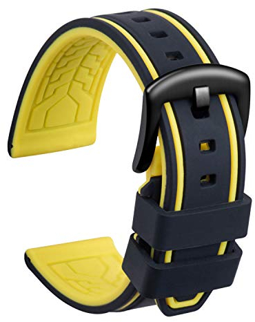 ULLCHRO Bracelet Montre Remplacer Silicone Bracelet Montre Bicolore - 20, 22, 24, 26mm Caoutchouc Montre Bracelet avec Acier Inoxydable Boucle Noir (20mm, Noir et Jaune)