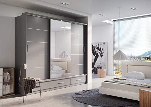 Arthauss Modern Bedroom Mirrored Sliding Door Wardrobe ARTI 1 in Grey 250cm - Flat Pack Mirrored Wardrobe with Hanging Rails and Spacious Drawers - Ideal for Compact Spaces