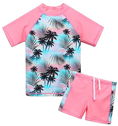 ZNYUNE Fille Maillot de Bain Imprimé 2 pièces Haut Manches Courtes + Short 200 Cocotier-rose 12A