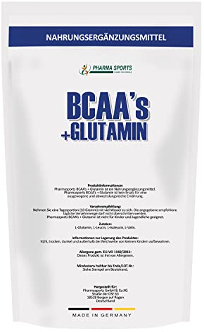 BCAA/L-Glutamin 500g Pulver 50/50 Mischung 100 Prozent rein, Aminosäuren Premium-Qualität | Rein pflanzlich Ohne künstliche Aromen | Made in Germany |