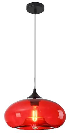 HJXDtech Suspension Luminaire Industriel Vintage avec Abat-Jour en Verre Soufflé 28cm - Lampe Suspendue Plafond E27 pour Cuisine, Salon & Salle à Manger (Rouge)