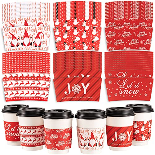 Whaline 30 Pack Christmas Coffee Tea Cup Sleeves Red Double-Layer Paper Sleeves for 12 and 16oz Paper Cup Disposable Snowman Santa Cup Paper Jacket for Hot Chocolate Cocoa Cold Beverage, 6 Design