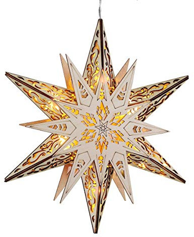 bonsport LED Weihnachtsstern beleuchtet aus Holz - Adventsstern Ø 30 cm - Leuchtstern Fenster Deko, batteriebetrieben