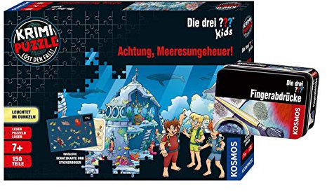 Kosmos Die DREI ??? Kids - Set: Achtung, Meeresungeheuer! (Krimi Puzzle) + Forscherkästchen (Verschiedene Auswahl), Detektiv-Set