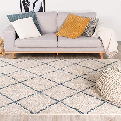 FRAAI | Home & Living Teppich Hochflor - Grand Lines Creme Blau - Kariert, Gestreift, Shaggy - Modern, Skandinavisch - Wohnzimmer, Esszimmer, Schlafzimmer - Fellteppich - Carpet