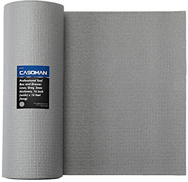 CASOMAN Forro de caja de herramientas de grado profesional, revestimiento de cajón y forro de estante, gris, 40,6 cm (ancho) x 4,9 m (largo), forro grueso ajustable para gabinete