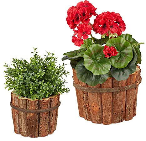 Relaxdays Blumentopf 2er Set, Spießtanne mit Rinde, außen & innen, rund, 2 Größen, Holztopf für Pflanzen & Blumen, Natur