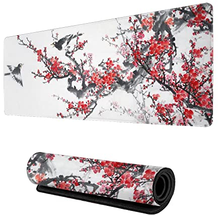 Tapis de souris de jeu avec motif de cerisier et oiseaux - Grand format - Grand tapis de souris pour la maison, le bureau - 70 x 30 cm