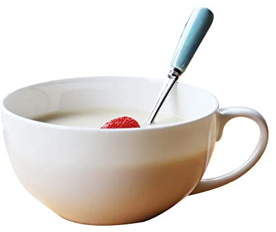通用 Soup Bowl with Handle and Spoon Ceramic Breakfast Porridge Milk Oat Dessert Yogurt Micro-Wave Oven White 300ML