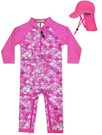 weVSwe Traje De Baño para Niñas UPF 50+ Manga Larga De Una Pieza Protección UV Rash Guard con Sombrero para El Sol Escamas De Pescado 12-18 Meses