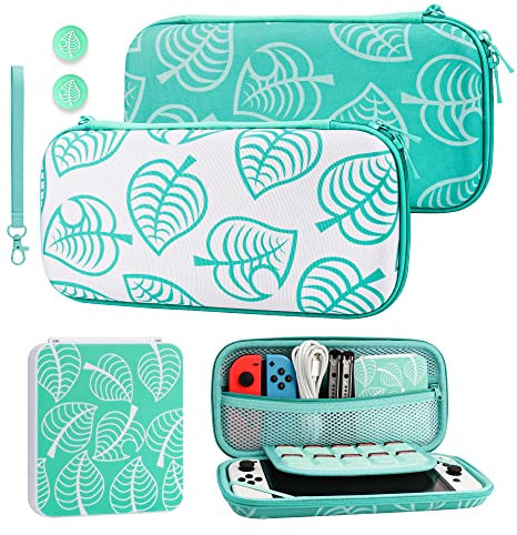 GLDRAM Custodia per Nintendo Switch e Switch OLED, Animal Leaf Crossing Travel Case per interruttore, Kit di accessori per il trasporto con custodia per gioco, tappi per impugnatura del pollice