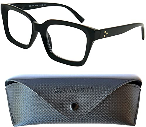 Vintage Anti Blaulicht Brille Lesebrille Dicker Rahmen Quadratisch und großen Gläsern, Etui, Oversize Kunststoff Brillengestell (Schwarz), Blaulichtfilter Brille Damen 1.5 Dioptrien