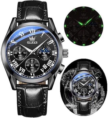 OLEVS Herren Chronograph Quarz Uhren Leuchtende Uhren für Männer Mode Freizeit, G2871 schwarzes Zifferblatt mit schwarzem Armband, Lässig und geschäftlich