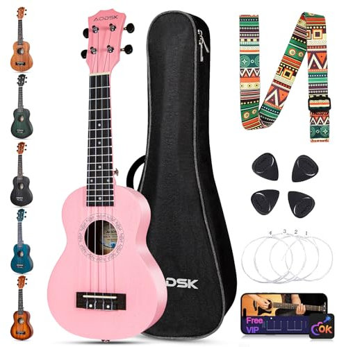 AODSK Sopran-Ukulele, Anfänger-Set, 53,3 cm, hawaiianische Ukulele für Kinder, Erwachsene, Studenten, mit Gigbag, Saiten, Pick All in One Kit (53,3 cm Sapele-Ukulele) (Rosa)