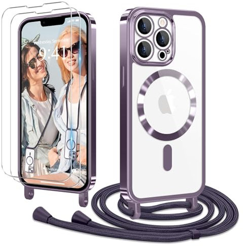 Ethanger Coque pour iPhone 13 Pro avec Cordon de Collier + 2×Verre Trempé, Coque Transparente Silicone TPU Bumper Etui Housse avec Cordon Réglable, Coque Magnétique pour iPhone 13 Pro Violet