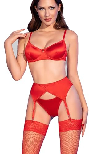 .Chilirose Damen Dessous Satin Set rot aus BH mit Strapsgürtel, String und Netzstrümpfen Spitze Satin und Mesh Material Größe: XL