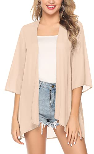 Irevial Cardigan D'été Femme Manches 3/4 Boléro élégant en Mousseline de Soie Kimono Châle Chic pour Femme
