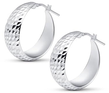 Amberta Damen 925 Sterling Silber Dicke Ohrringe: Silber Gehämmerte Ohrringe 25 mm