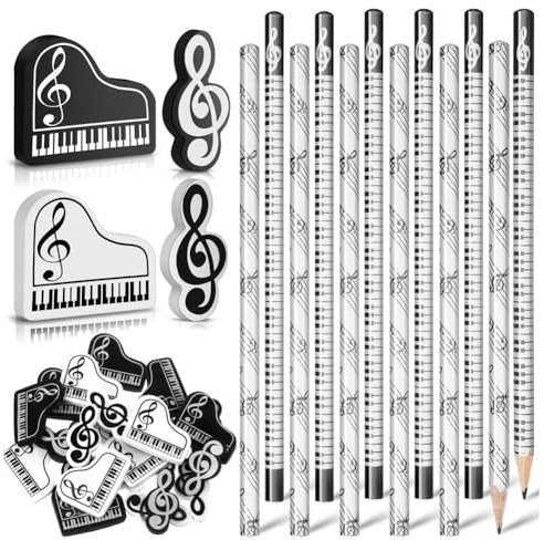 Grendly Musik-Bleistifte mit Musiknoten-Bleistift mit Musik-Themen-Radiergummis, -Bleistifte, Großpackung, Tastatur, Spaß-Bleistifte, Radiergummis, Geschenk (24 Stück)