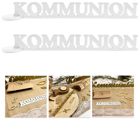 Oblique Unique® 2er Set Schriftzug Kommunion aus Holz als Tischdeko für Kommunion Deko Junge Mädchen Verzierung Dekoration (Weiß)